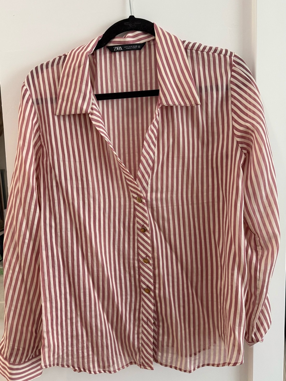 Zara Pink and White Vertical-Stripe Shirt